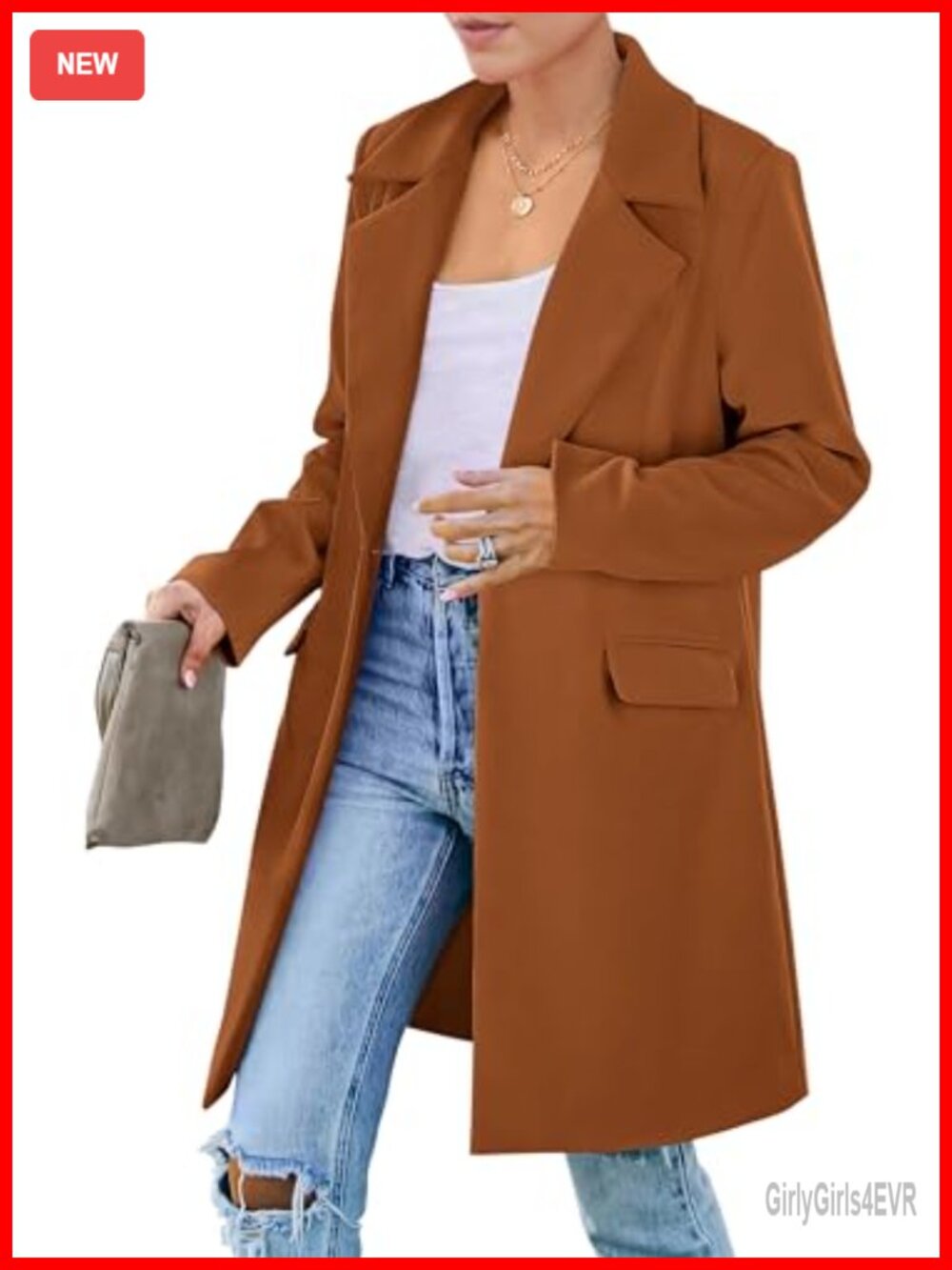 Mid-Length Blazer Jacket Padded Shoulder Notch Lapel Loose Fit
